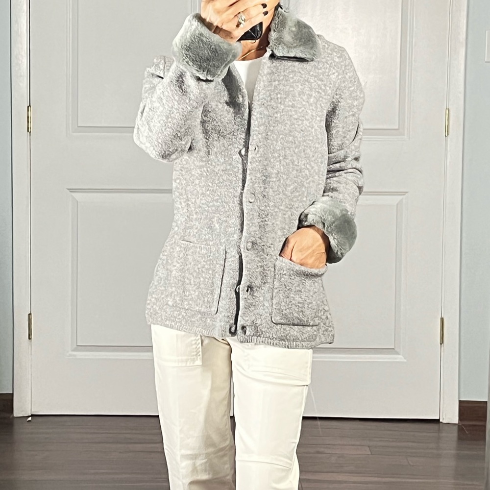 Next wool blend gray button down jacket cardigan with detachable faux fu…